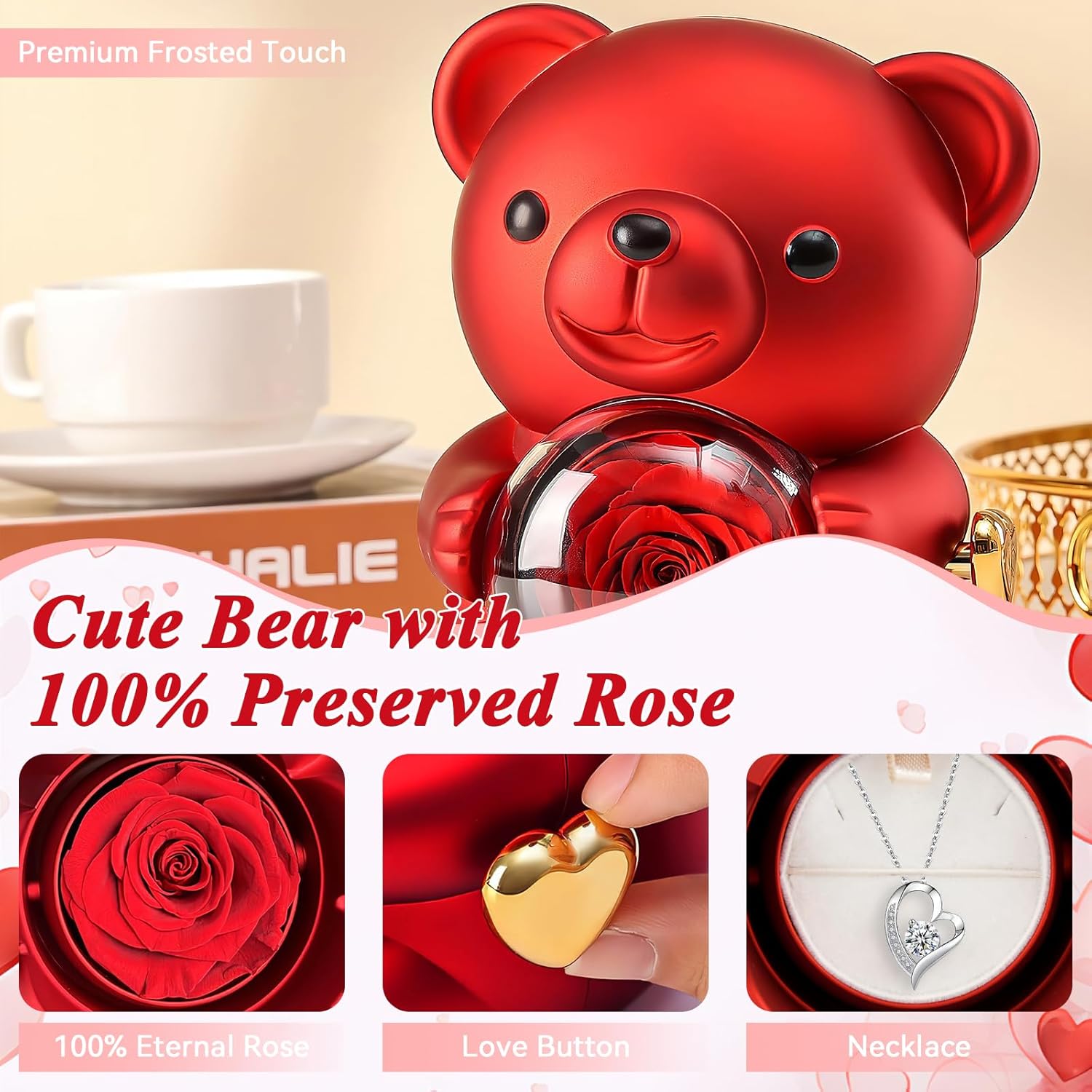 Jibeufi Teddy Bear with Preserved Rose, Flower Forever in Bear with Necklace and Elegant Gift Box for Women, Romantic Bear Roses Gifts for Valentines Mothers Day Anniversary Day Birthday (Red) - Image 2