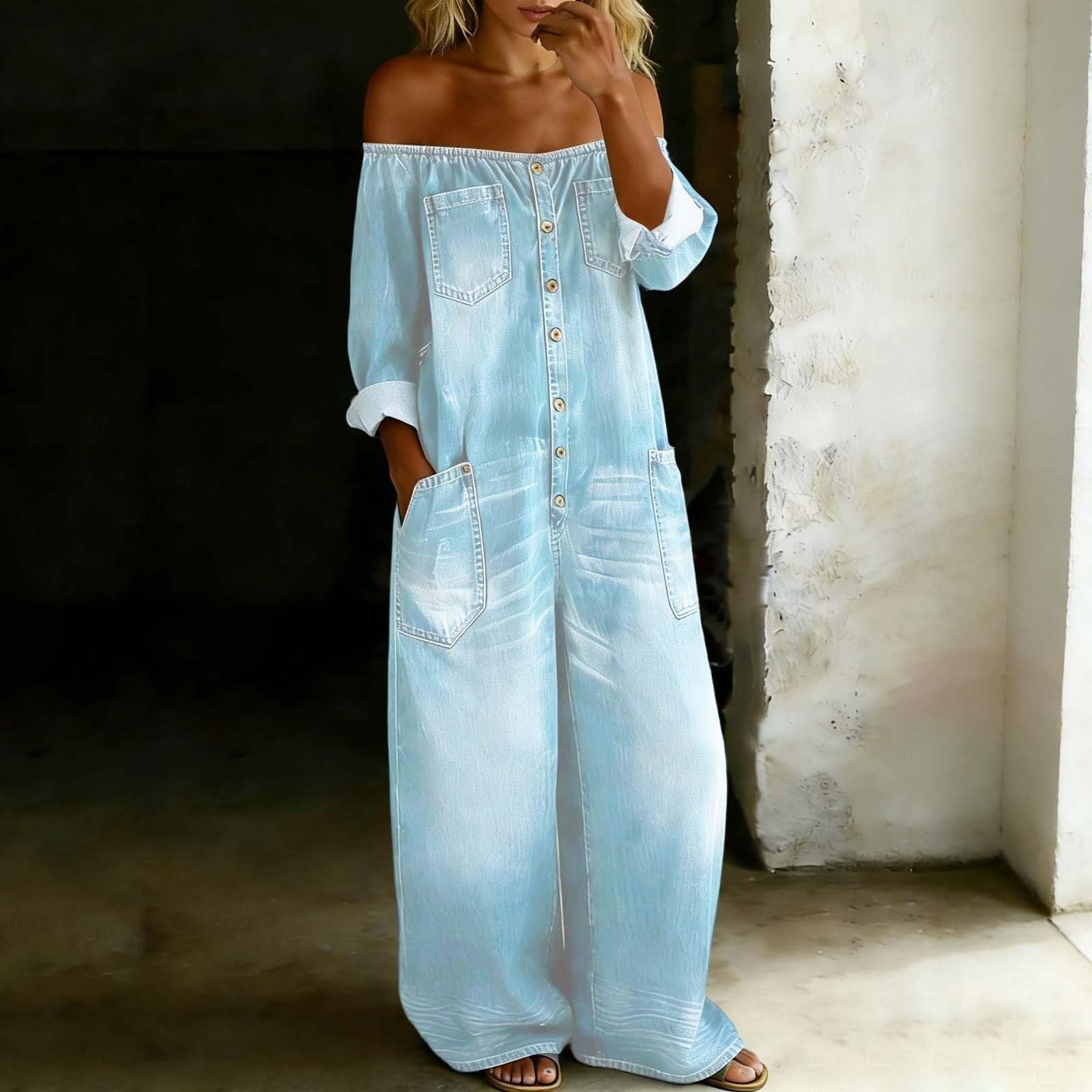 Generisch Mono para mujer de manga larga - Mono con hombros descubiertos, pierna ancha, con botones, pantalones vaqueros de una pieza, holgados, para el trabajo