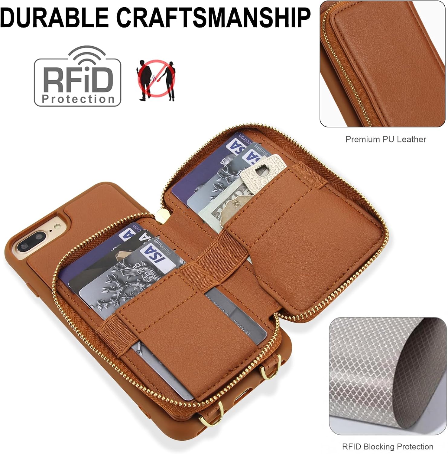 Phone Case for iPhone 6plus 6splus 7plus 8plus i 6/6s/7/8 Plus Wallet Cell Cover with Screen Protector Crossbody Strap RFID Blocking Card Holder iPhone6splus i Phone7s 7s 7+ 8s 8+ Phones8 Women Brown