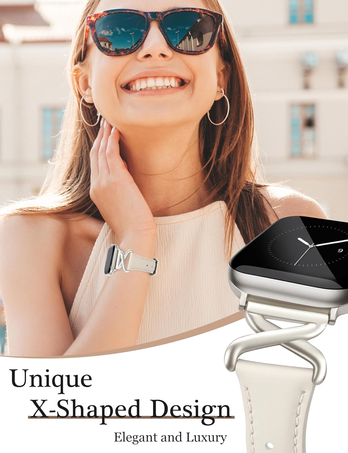 JR.DM Leather Bands Women Compatible with Apple Watch 40mm 38mm 44mm 45mm 41mm 42mm 46mm 49mm Dressy Designer Strap with X-Shaped Metal Crown for iWatch Series Ultra/SE/11/10/9/8/7/6/5/4/3/2/1 Starlight - Image 3