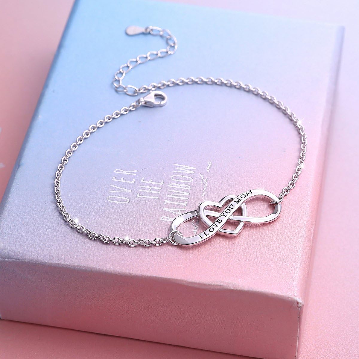 DAOCHONG I Love You Mom S925 Sterling Silver Heart Infinity Bracelet for Mother Mama Mommy Mum Birthday Jewelry Gift