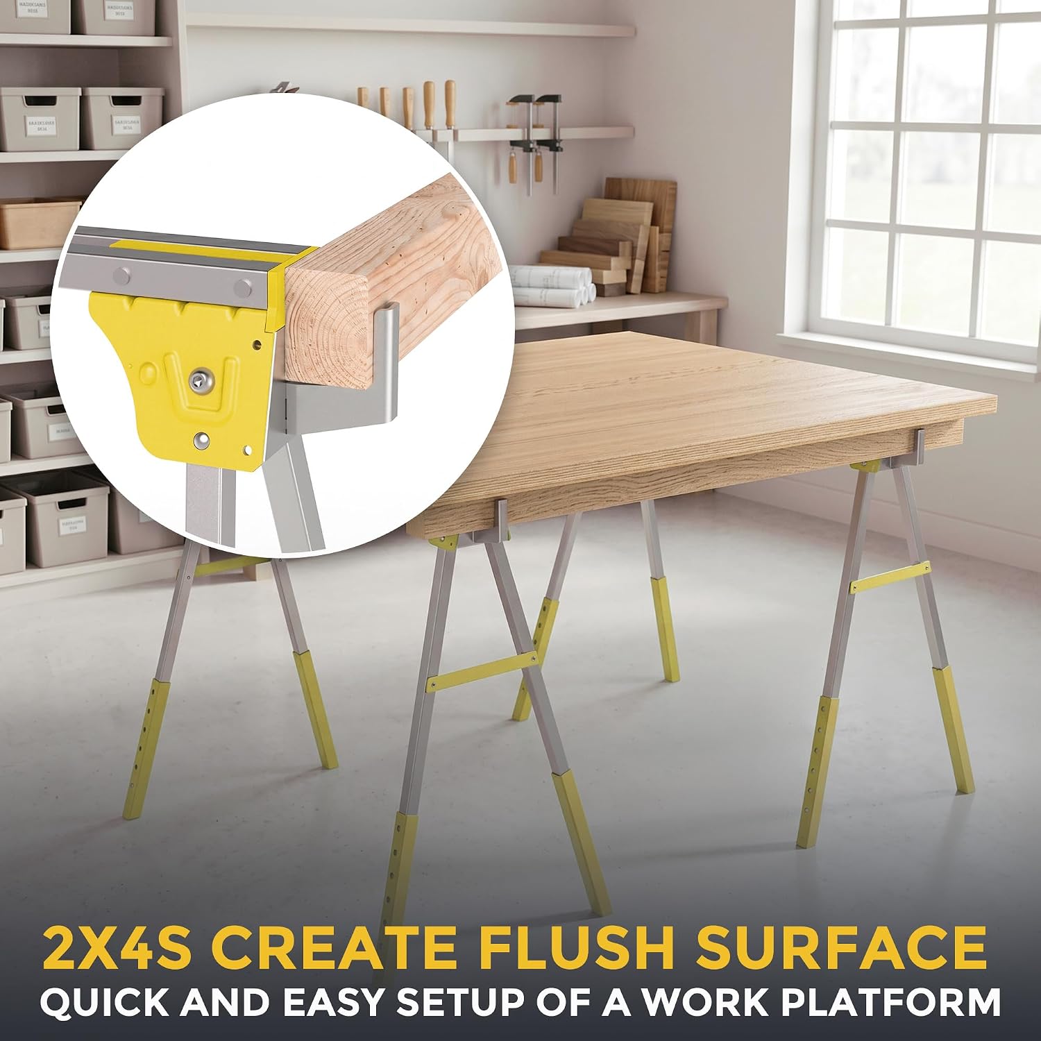 Saw horses 2 Pack, 2650 lbs Capacity, Folding & Adjustable Legs | 6-Adjustable Height, Steel Frame, 2x4 Support Legs, Cast Steel Hooks, Table Saw Stand, Woodworking Workshop Jobsite Use