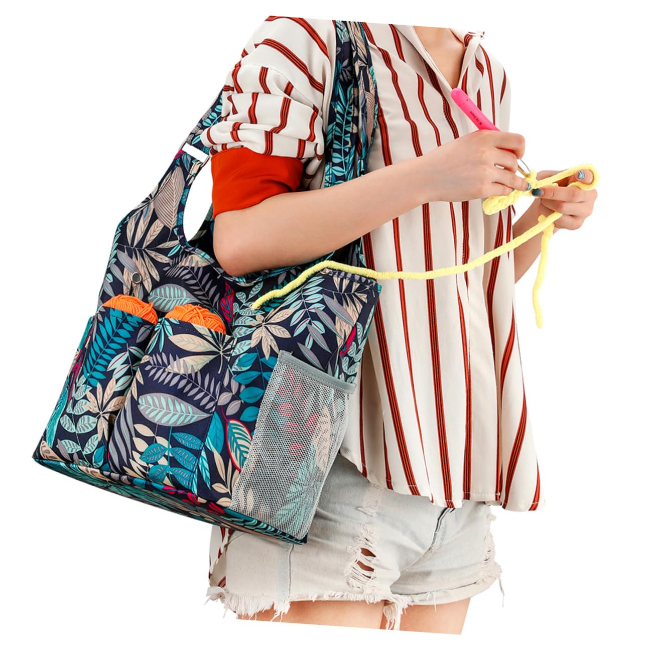 Bolsa de Almacenamiento para Tejer Oxford con Patrón de Azul Organizador Portátil para Ganchillos y Agujas Múltiples Compartimentos para Accesorios de Crochet y Punto