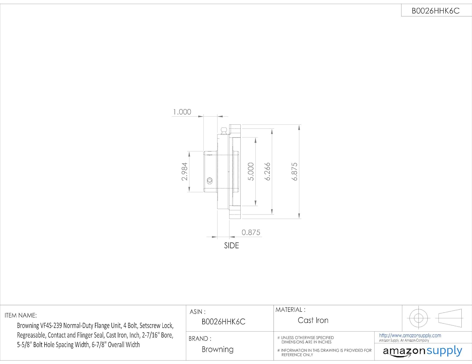 Browning VF4S-239 Normal-Duty Flange Unit, 4 Bolt, Setscrew Lock, Regreasable, Contact and Flinger Seal, Cast Iron, Inch, 2-7/16" Bore, 5-5/8" Bolt Hole Spacing Width, 6-7/8" Overall Width