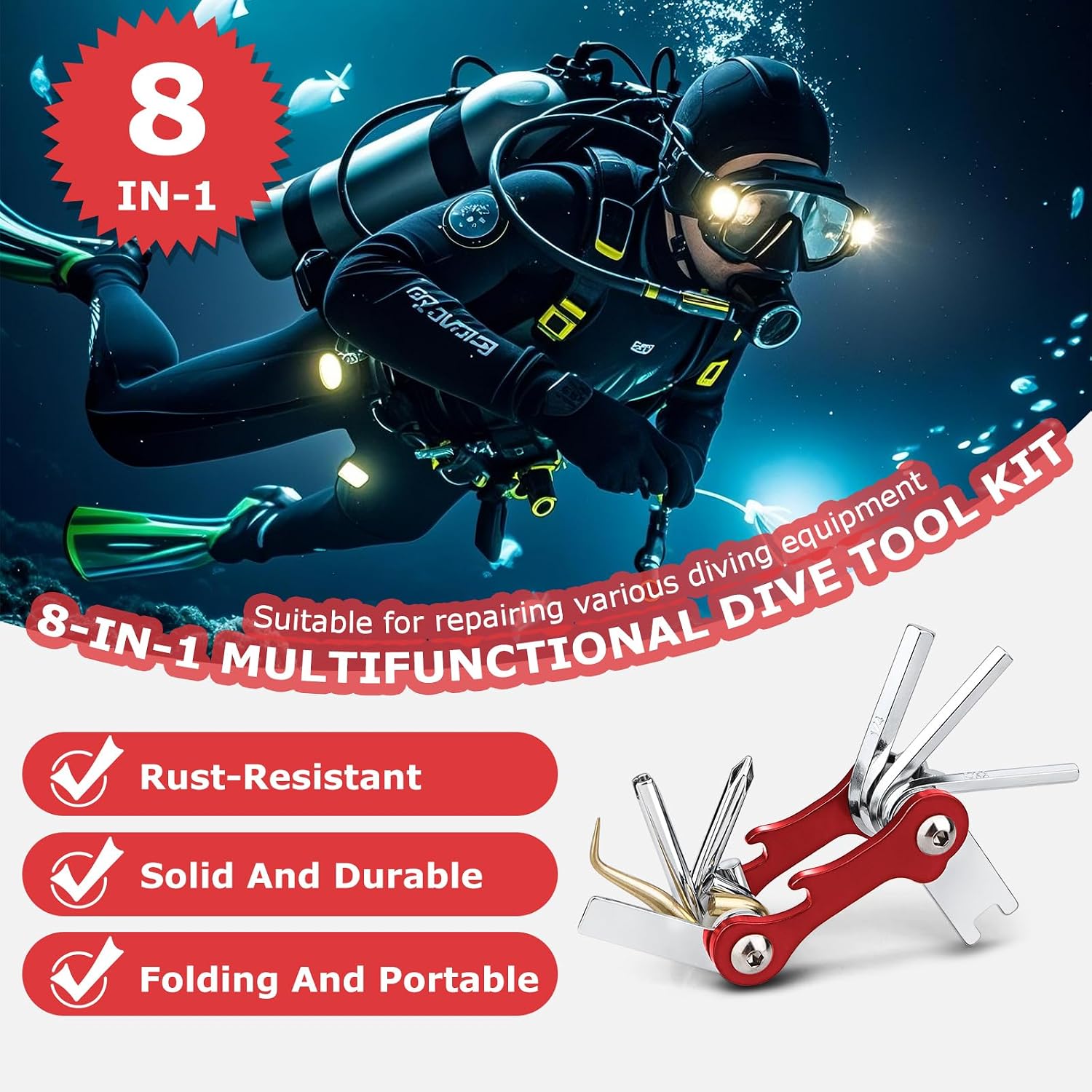 8-in-1 Scuba Folding Multi-Tool Kit with 316 Steel Construction | Professional Diving Tools Repairing Set for Diver Repair & Maintenance Gears or Accessory