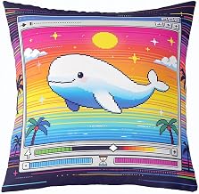 Castle Fairy Video Games Kids Throw Pillow Cover,Retro Pixel Whale Sealife Gaming Double Sides Pillow Case,Cute Marine Pixelated Home Decor,Colorful Blue Bed Couch Sofa Cushion Cover,1 Pack 18"x18"