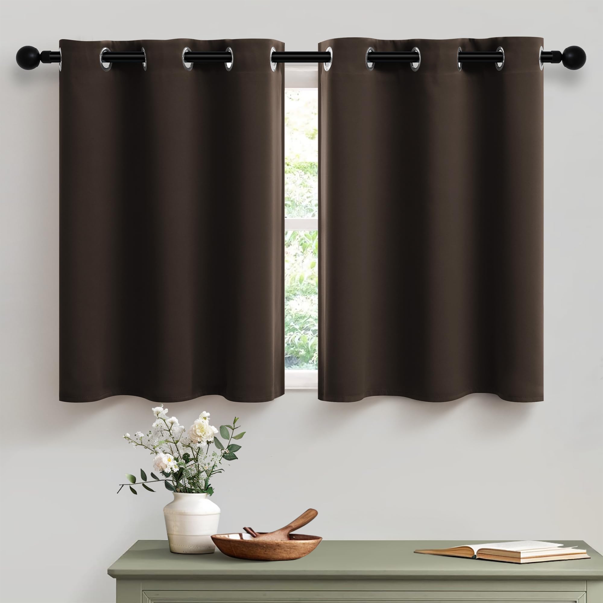 Pitalk Brown Short Curtains 36 Inch Length for Basement Kitchen Grommet Blackout Small Cafe Tiers Half Window for RV Camper Bathroom 34 Wide by 36