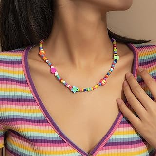 WEITING Cadena de cuello geométrica hecha a mano con cuentas de estilo nacional, cadena de clavícula, cadena de perlas naturales, letra dulce niña sonriente, collar de color acrílico-HF500