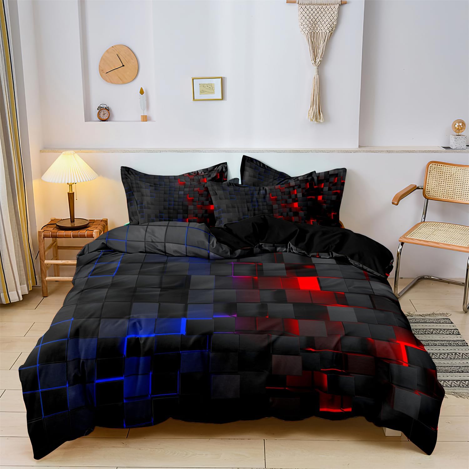 Checkered Duvet Cover Set Twin Size, Purple and Black Grid Printed Quilt Personalized Geometric Square Grid Bedding Set Modern Abstract Check Quilt Cover for All Season (1 Duvet Cover + 2 Pillowcase)