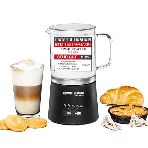 ROMMELSBACHER MS 625 Electric Milk Frother, 500 ml for Mixing, Glass Jug, 250 ml for Foaming, 5 Programmes, Hot & Cold Foam or Stir