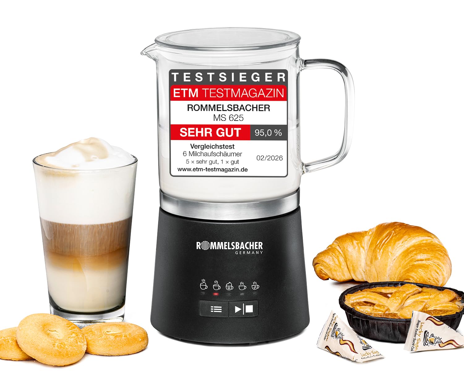 ROMMELSBACHER Milchaufschäumer MS 625, elektrisch, 500 ml zum Verrühren, Glaskanne, 250 ml zum Schäumen, 5 Programme, heiß & kalt schäumen oder verrühren