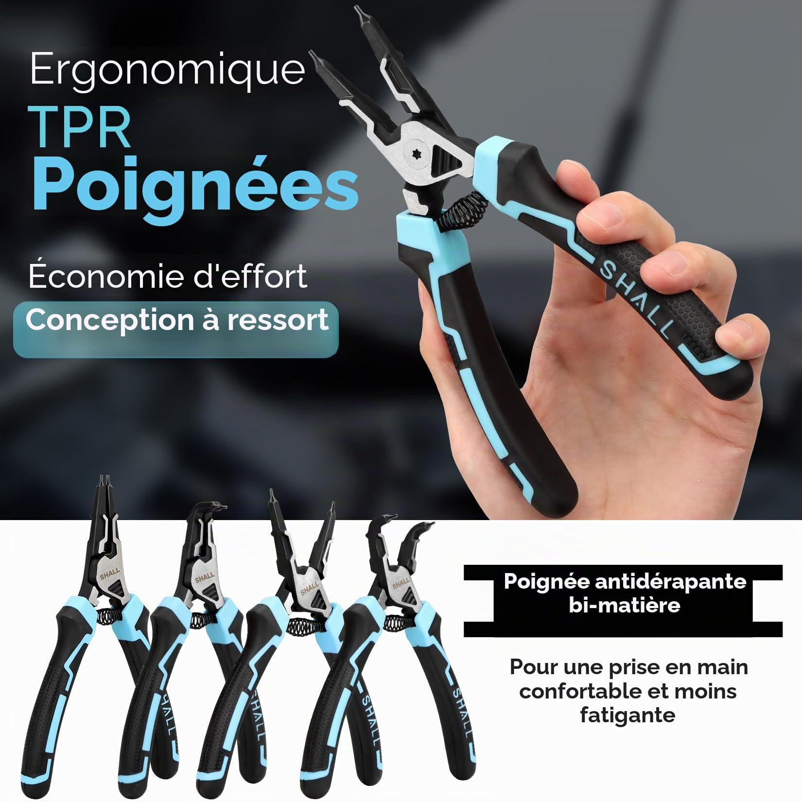 SHALL Jeu de circlips et pince, 4 pièces, pinces robustes de 7