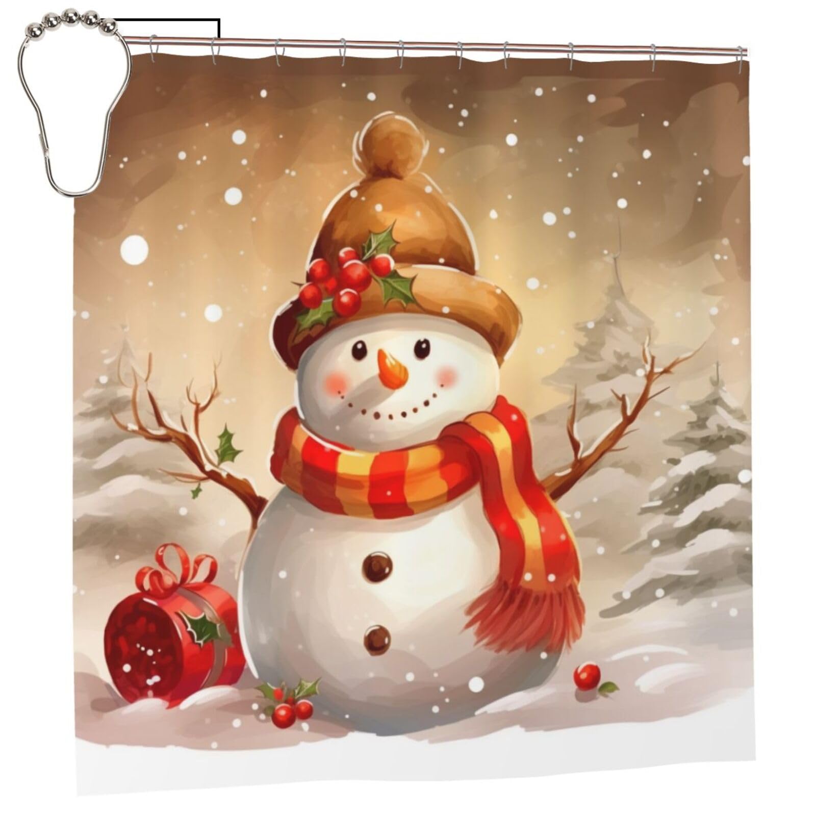 BWWHCCTI Christmas Snowman Printed Shower Curtain With 12 Iron Hooks Opaque Quick Drying Waterproof Shower Curtains Sets For Bathroom 183x183 CM
