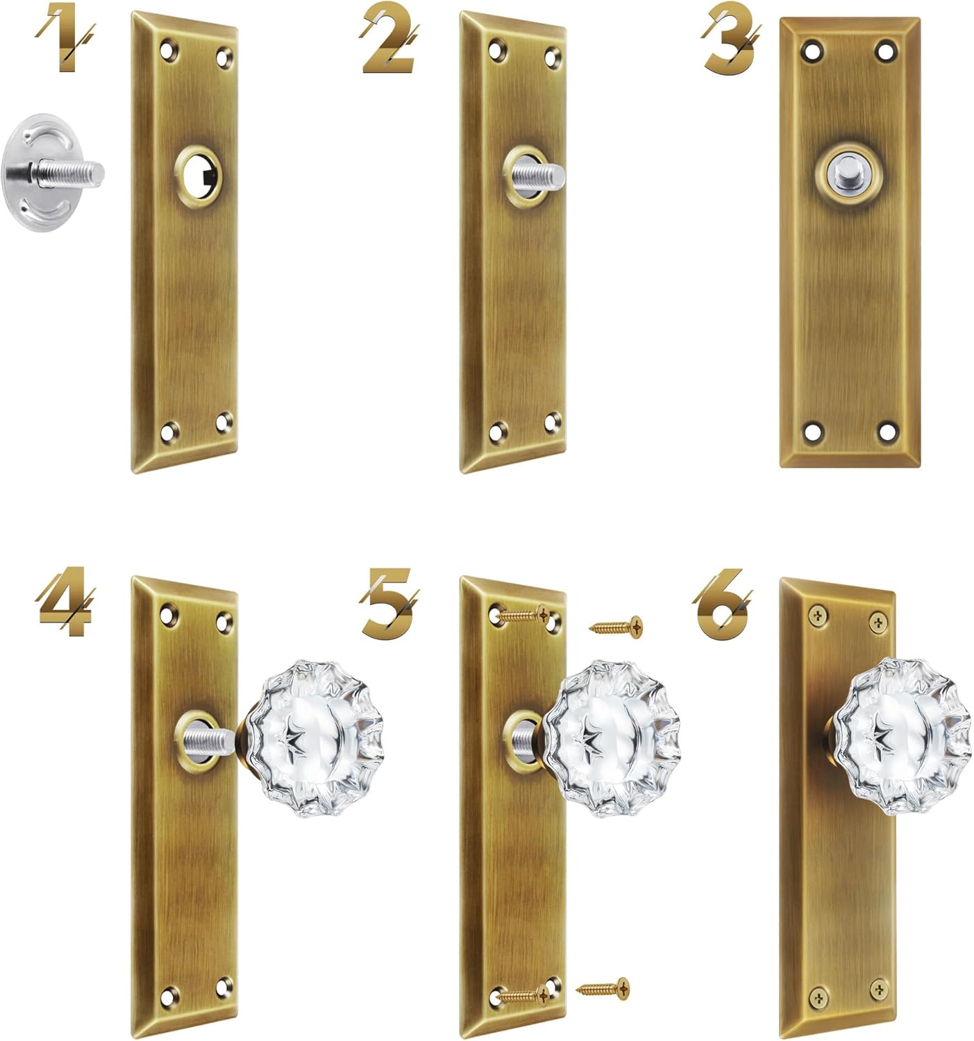 2 Pack Antique Brass Single Sided Crystal Dummy Door Knobs Interior, Vintage Glass Dummy Door Knobs with Long Plate