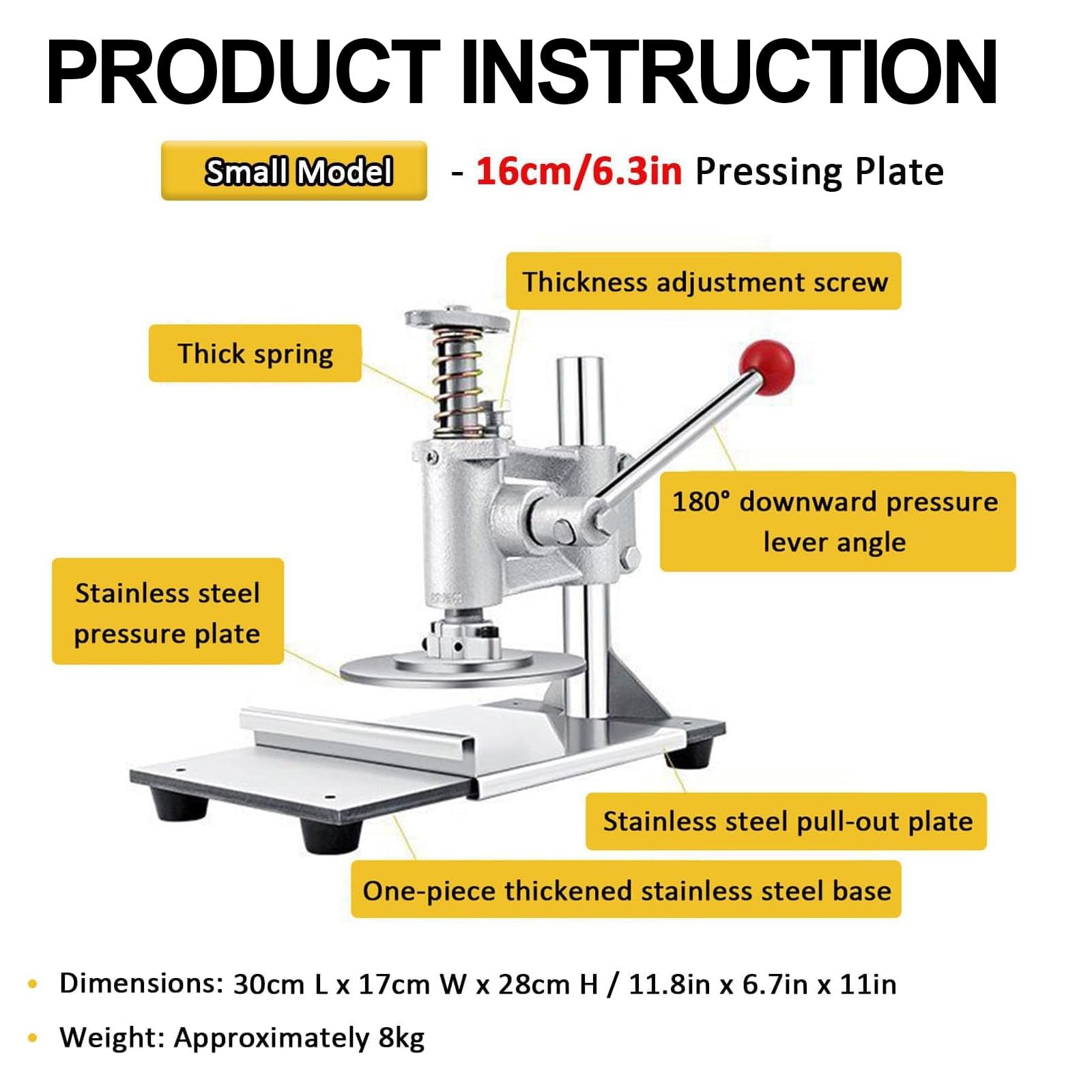 Pressa per Pizza, Pressa Manuale per Pizza in Acciaio Inox, Pressa Manuale Professionale con Spessore Regolabile, per Tortillas per Pizza Commerciali o per Famiglie da 16 cm