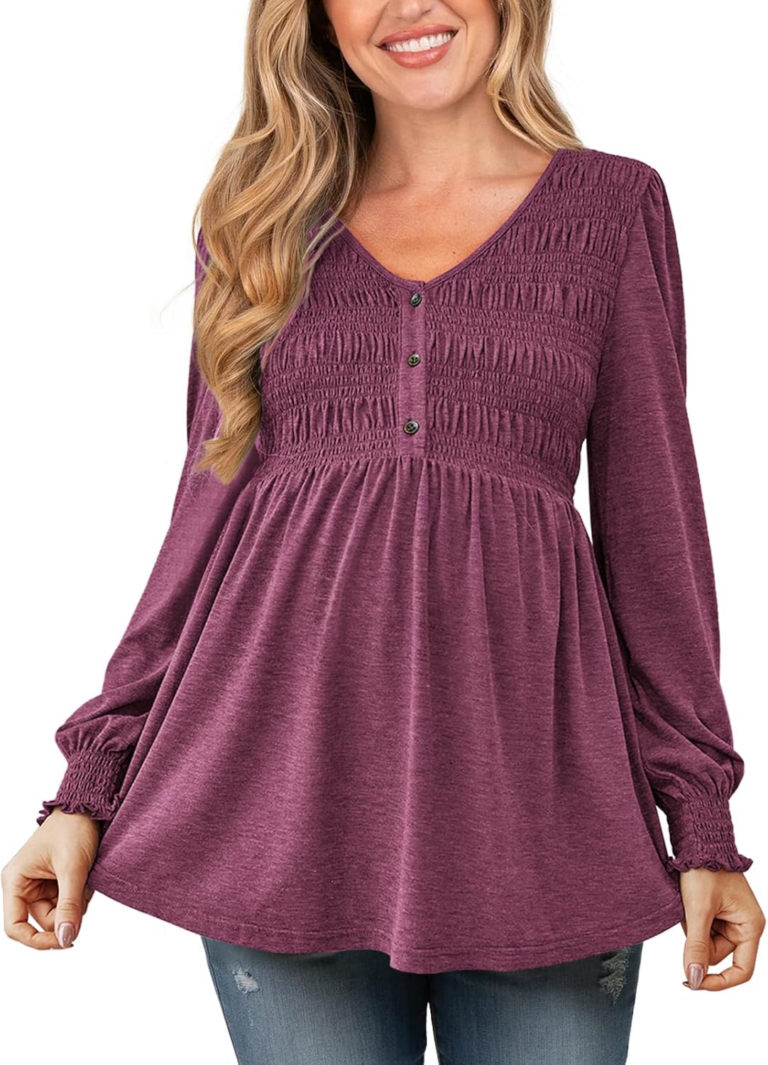 Women's Maternity Shirts V Neck Long Puff Sleeve Babydoll Top Casual Smocked Ruched Pregnancy Top with Button