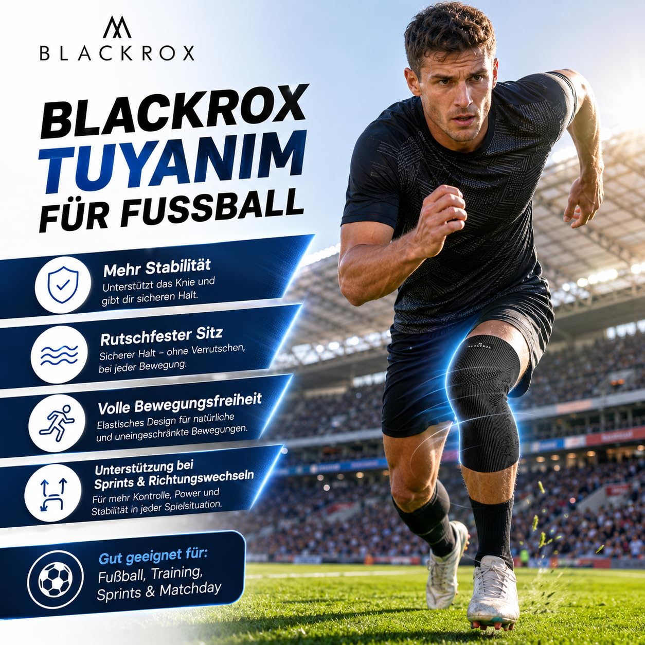 BLACKROX Kniebandage TUYANIM Sport Kraftsport Damen Herren Silikonring leicht Patella Gel Polster Feder Stabilisatoren Volleyball Fussball Laufen Knieschoner Kompression Männer Frauen (XL)