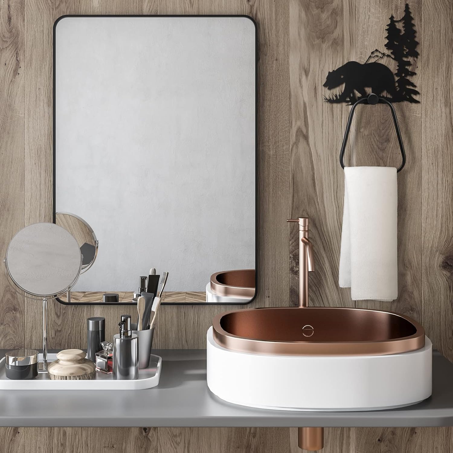 Peryiter 3 Pcs Bear Towel Holder Rustic Towel Racks Cabin Bathroom Decor Black Bear Deer Wipe Ring Wall Decorations Farmhouse Kitchen Gifts