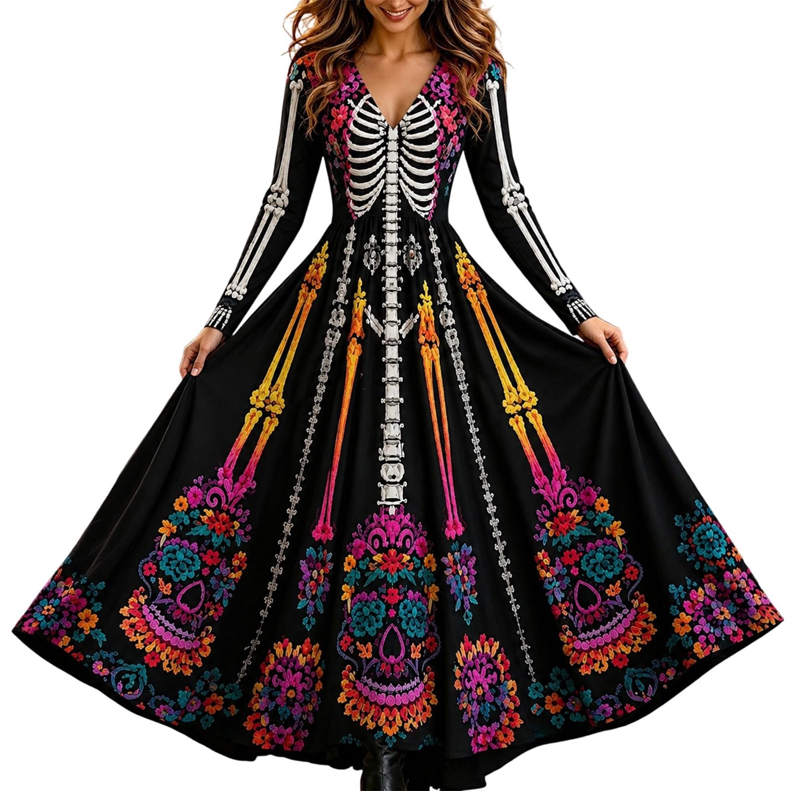 Halloween Dresses for Women,Ladies Halloween Costumes Scary Skeleton Print Short Sleeve A Line Swing Ladies Dress Women's Fashion Black Vintage Skull Witch Rockabilly Party Cocktail Maxi Dress — image 1
