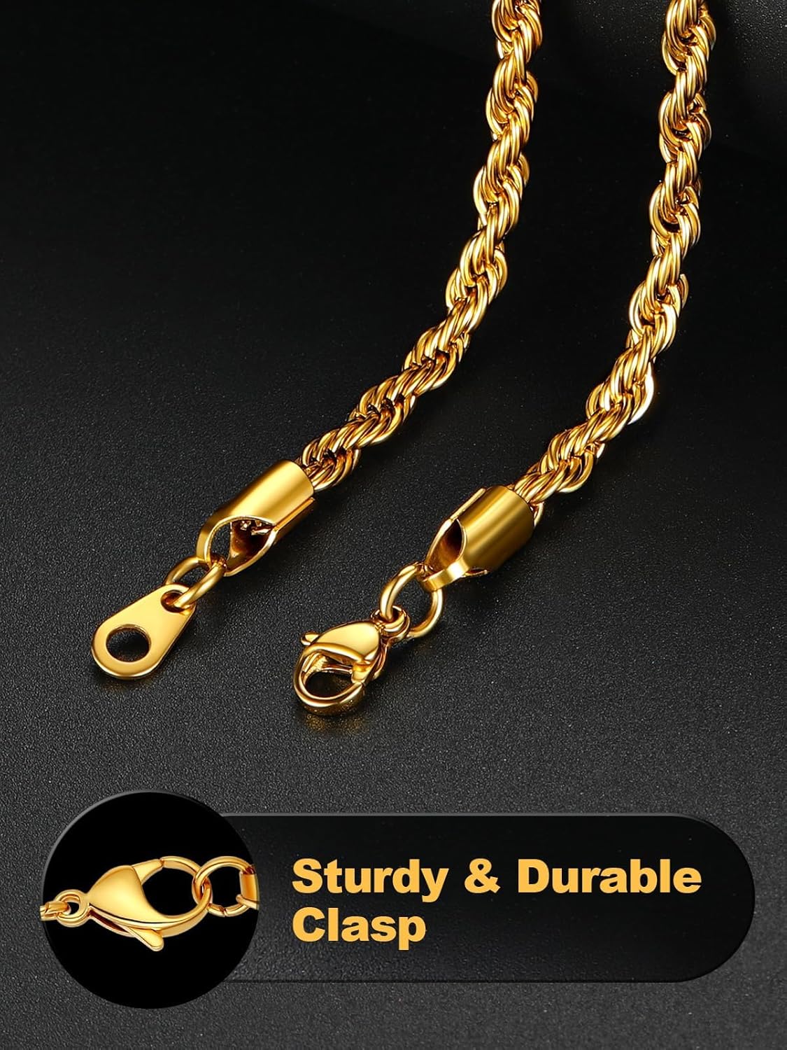 U7 Twisted Rope Chain, Figaro Chain, Men Stainless Steel Necklace and Bracelet Set, 3mm 5mm 6mm 9mm Black Gold Silver Chains Necklaces for Men Women 16"-30"