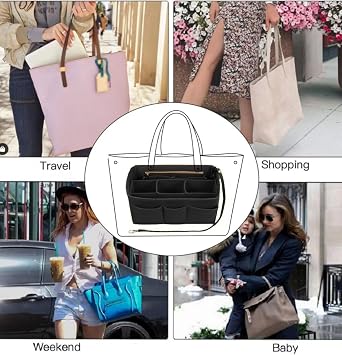 Handbag Organiser Insert, Multi-Pocket Felt Toiletry Bag Insert Storage Pouch Tote Bag Insert Large Capacity Women Travel Makeup Organizer Tote Bag Insert, Black