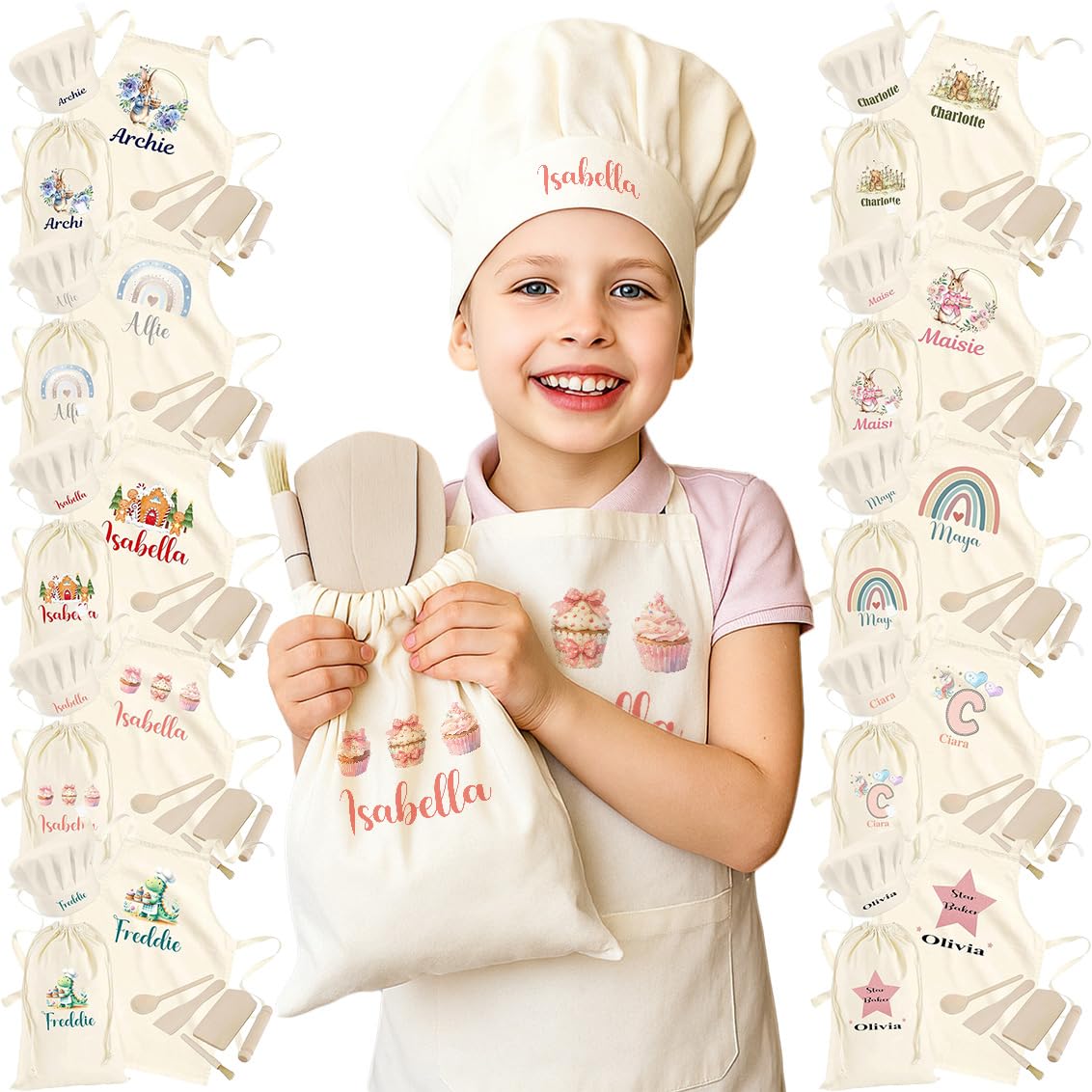 Personalised Kids Aprons For Girls Cooking Childrens Baking Gift Set Custom Apron Hat Kids Cooking Utensils Wooden Tools Pink Cupcake Age 2-10 Set Role Play Toy — image 1