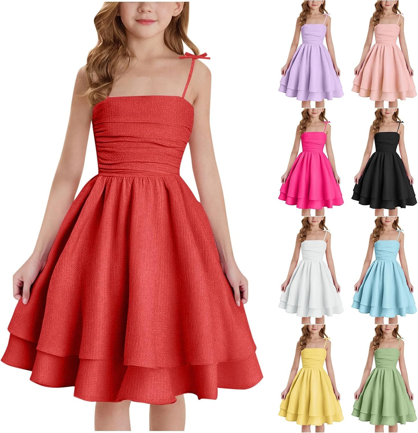 Girls Spaghetti Strap Dress Smocked Layered Sundress Tiered Ruffle A Line Dresses Backless Elegant Knee Length Gown