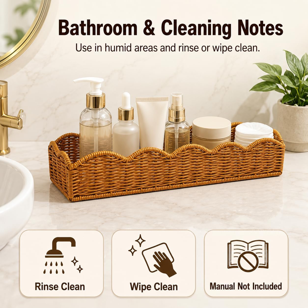 2 Pack Brown Faux Rattan Shower Caddy Baskets | Scalloped faux rattan design; 2 brown PP baskets with hooks and screw hardware for bathroom, vanity, kitchen, wall storage