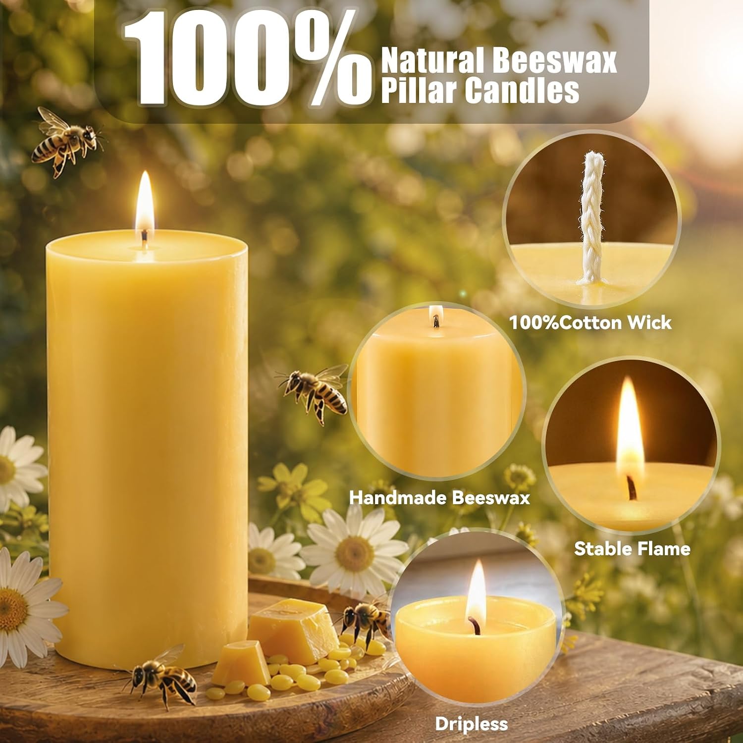 4 Pack Pure Beeswax Pillar Candles, 160 Hours Long Burning Beeswax Candle, Bees Wax Candles for Home, Prayer, Emergency, Unscented, Smokeless & Dripless, 2x4 Inch