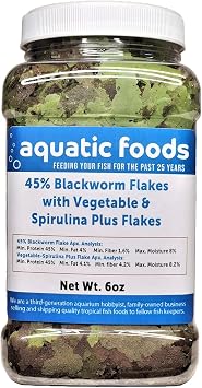 45% Blackworm & Vegetable-Spirulina Flake Mix for Cichlids, Discus, for All Community Tropical Fish. Aquatic Foods Flakes ...6oz Med Jar