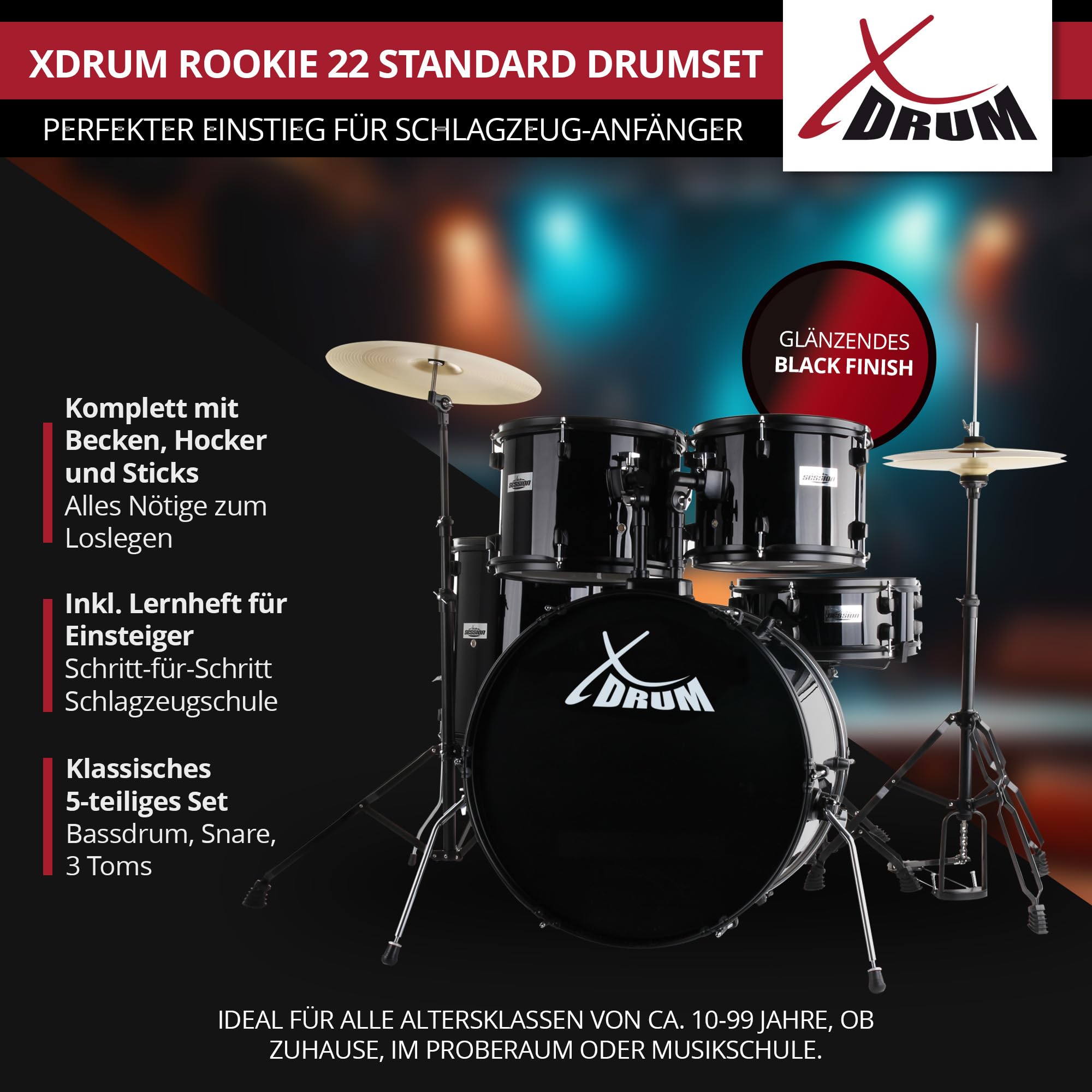 XDrum Rookie 22" Standard Schlagzeug Komplettset Black - Ideal für Einsteiger - Stylische Hardware in schwarz - Inkl. Drumsticks 5B, Aufbauanleitung und Schlagzeugschule - Schwarz