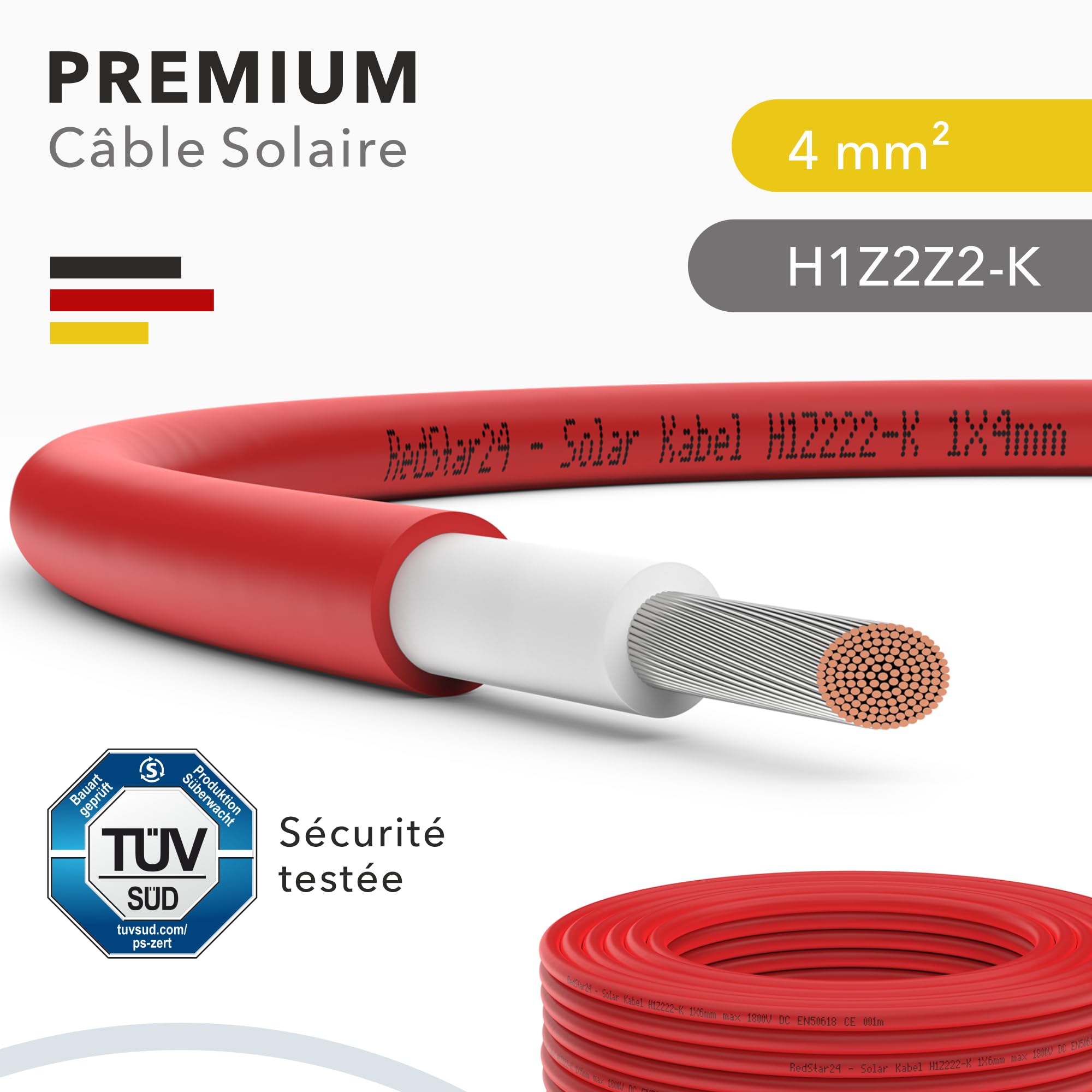 RedStar24 Câble Solaire Premium 4mm² Rouge 50m - Résistant aux UV, Flexible, pour Panneaux Photovoltaïques, Onduleurs & Régulateurs de Charge