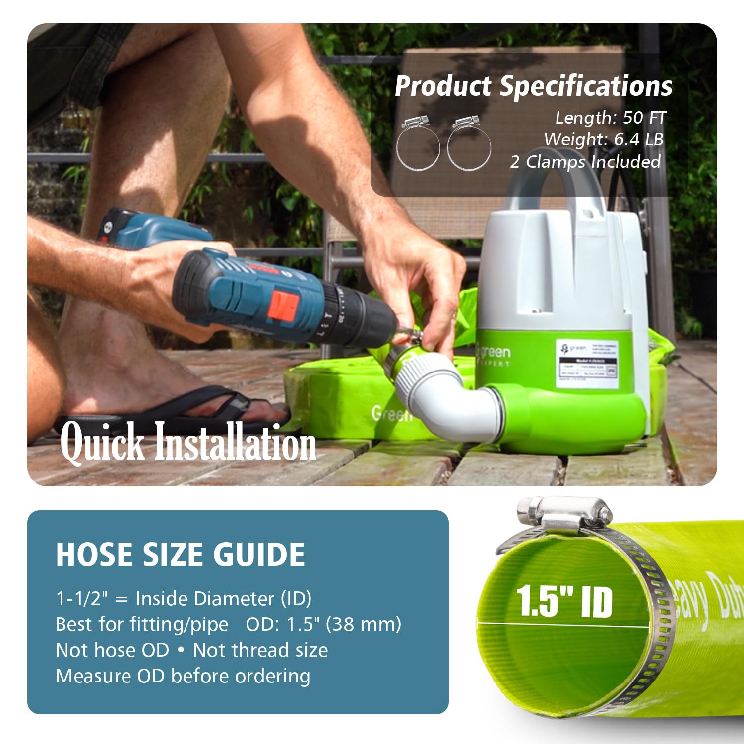 Green Expert - Manguera de descarga plana de PVC de 1.5 pulgadas de diámetro interior, kit de drenaje de bomba de drenaje de filtro de piscina resistente, manguera de retrolavado ideal para