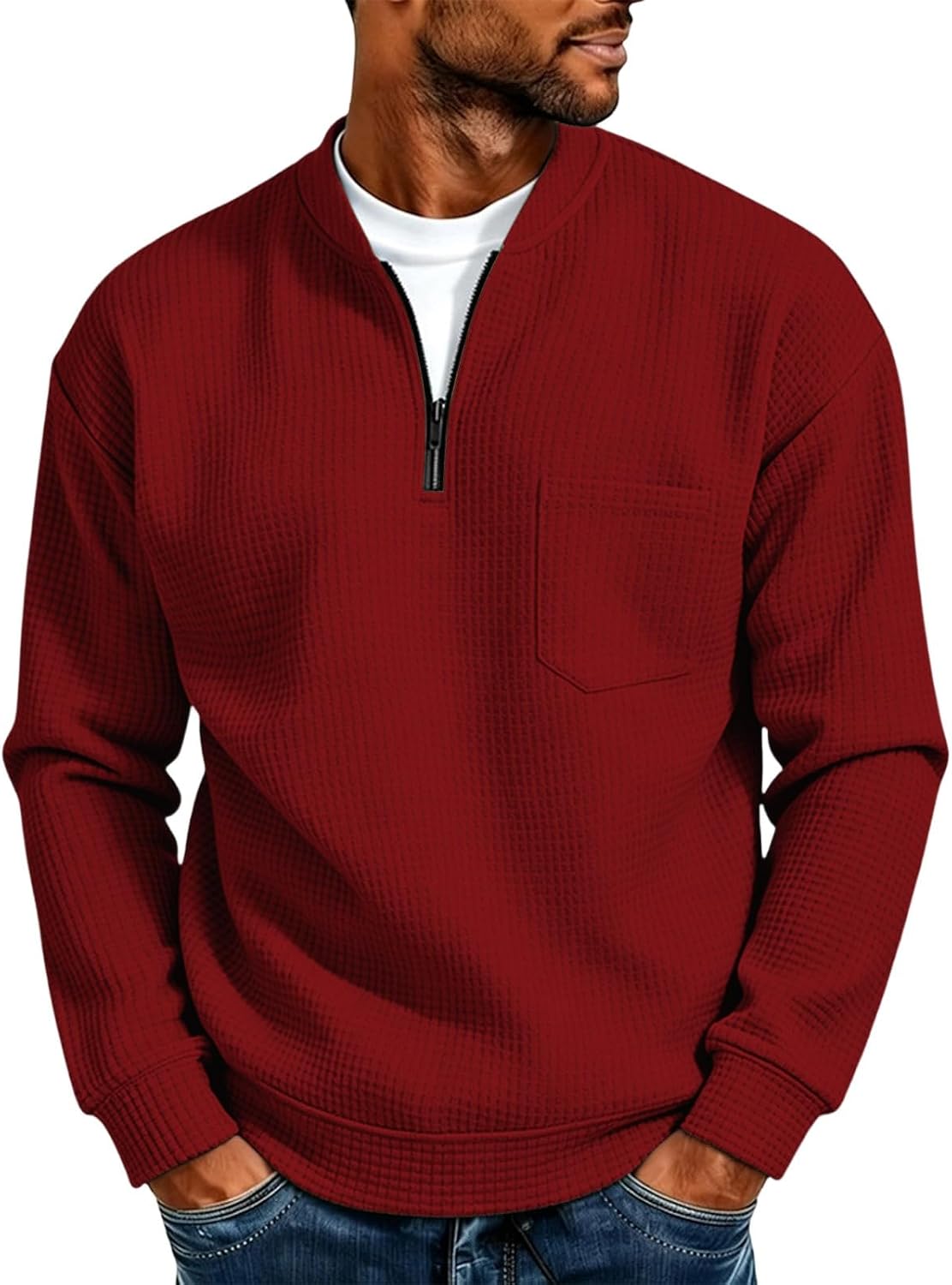 Men Half Zip Waffle Long Sleeve T-Shirt,Color Block Pocket Outdoor Top