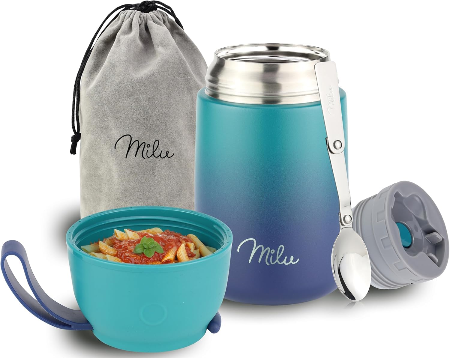 Milu® Thermo Food Flask 800ml - Stainless Steel Insulated Container - Lunchbox - Jar with Spoon for hot and Cold Food (Green Blue, 800ml)