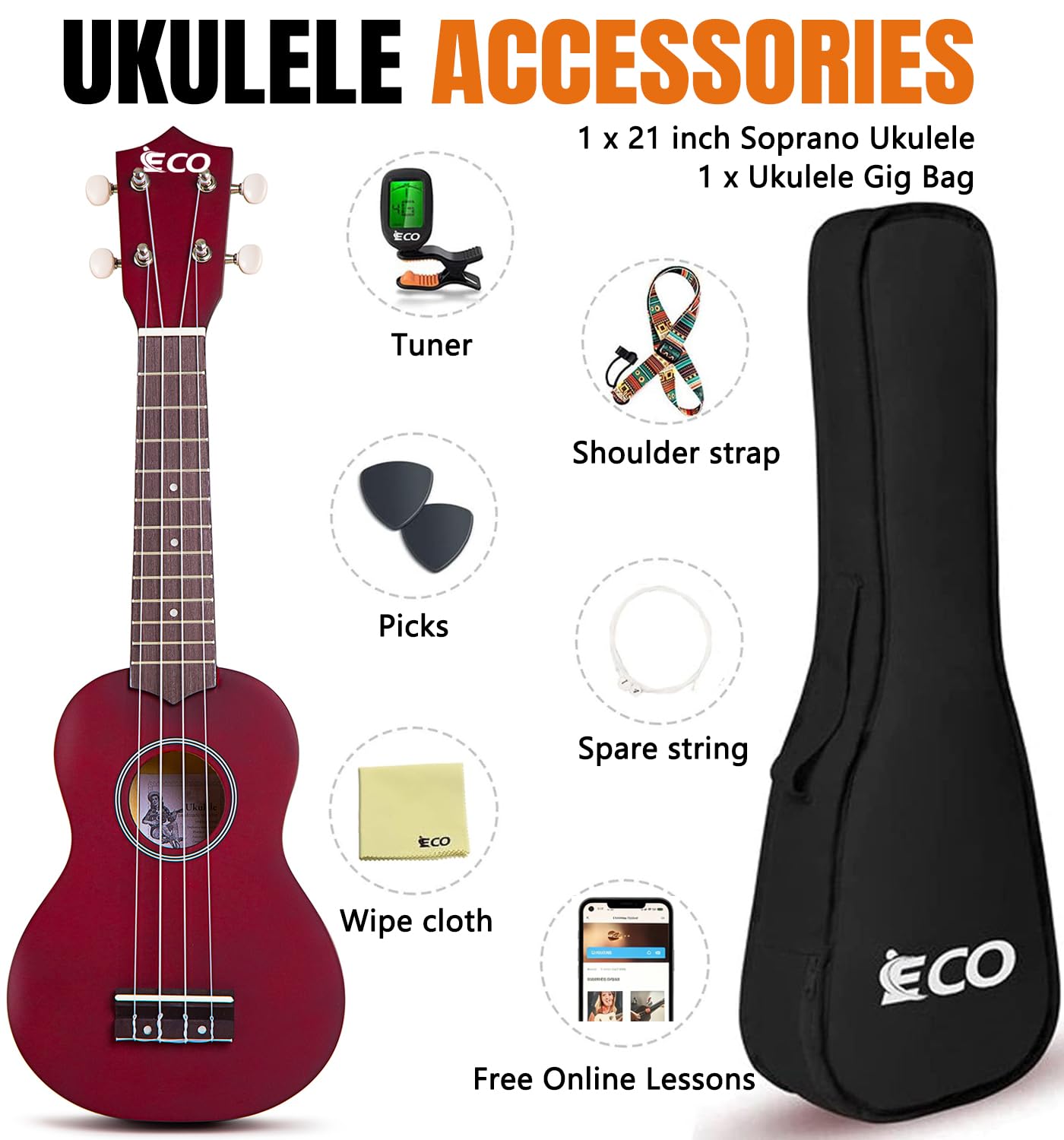 Kit de débutant ukulélé soprano pour enfants et débutants, Ukelele 21 pouces avec recueil de chansons, étui, sangle, accordeur, cordes et médiators