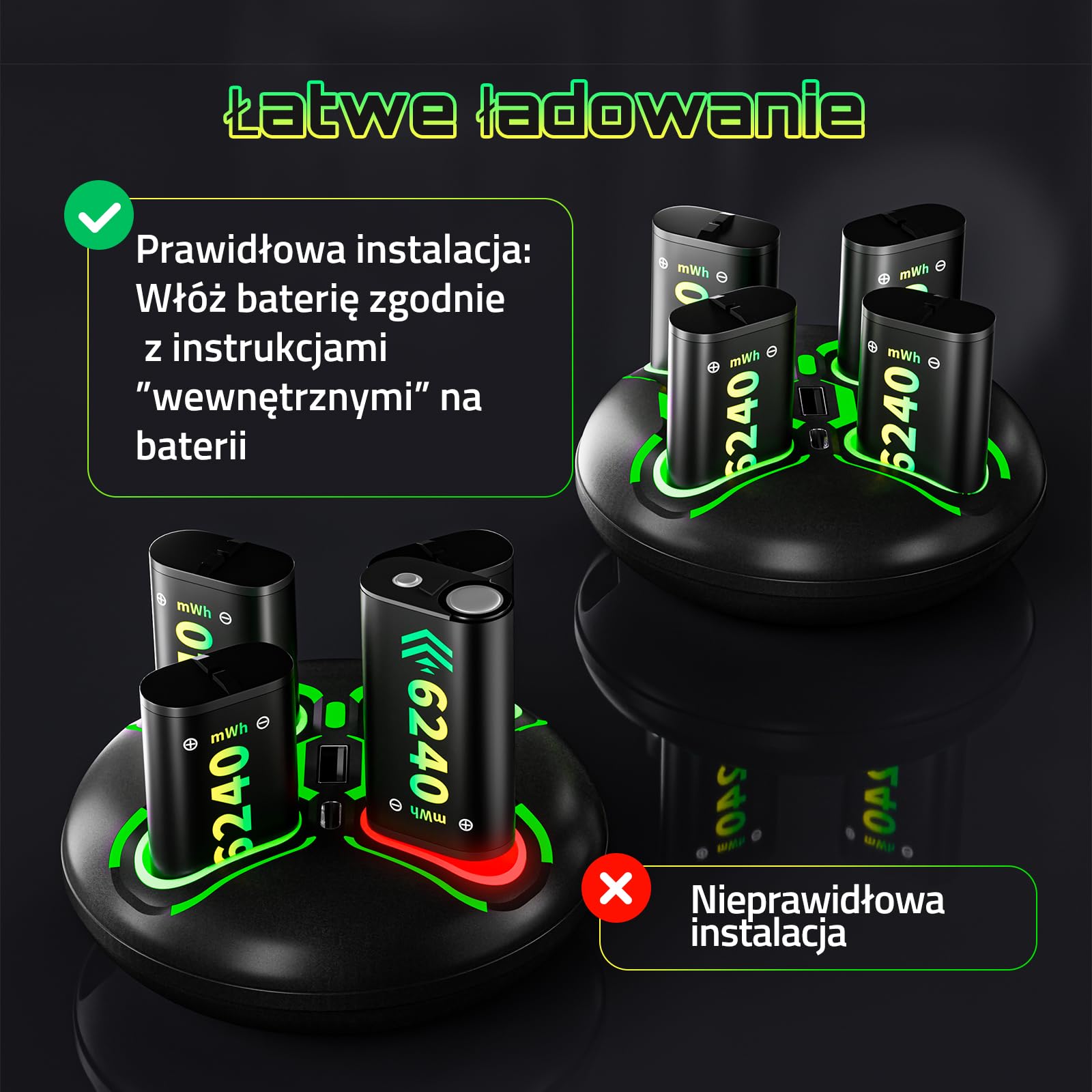 für Xbox Controller Charger mit 4x6240mWh Akkus, Schnellladestation mit LED-Anzeige, Kompatibel mit Xbox Series X|S, Xbox One S/X/Elite - Schwarz