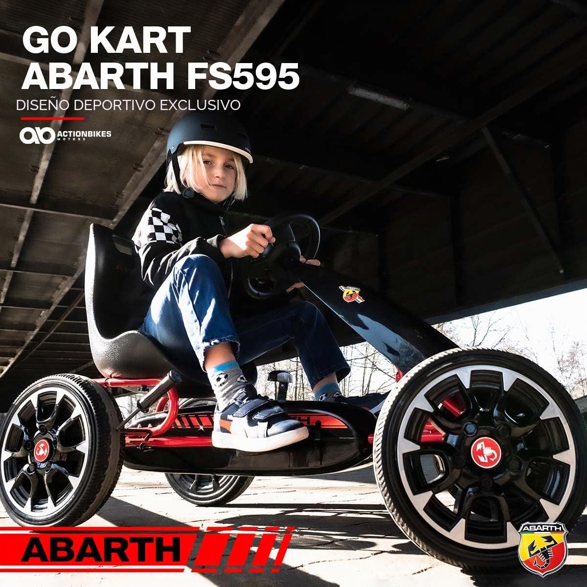 PEQUENENES Kart Coche de Pedales Fiat Abarth de CARS12V, Ruedas neumaticas, carenado de Proteccion, Freno de Mano, Asiento Regulable de Cuero (Negro)