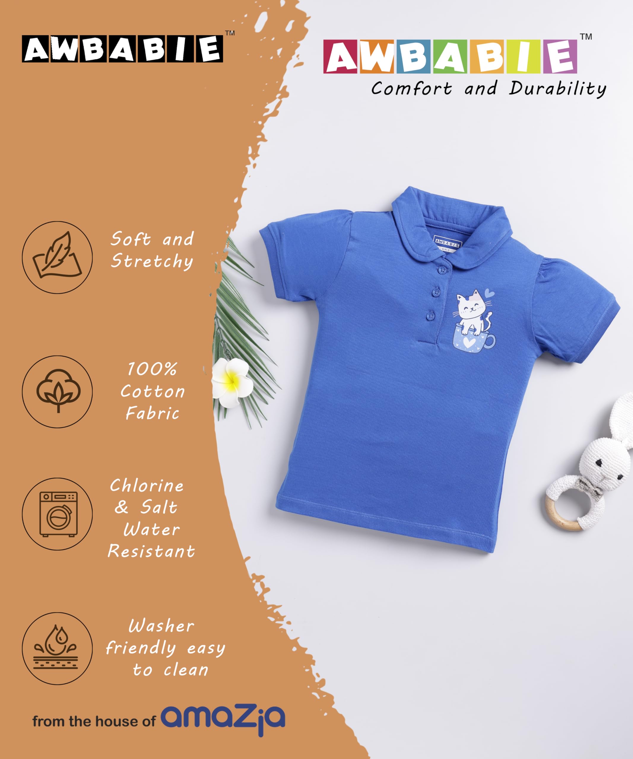 Awbabie Toddler Girls’ Polo T-Shirt | 100% Cotton | 180 GSM | Soft & Breathable | Elastic Armholes | Front Button Placket | Stylish & Comfortable (Surf The Web, 2-3 Years) - Image 5 thumbnail