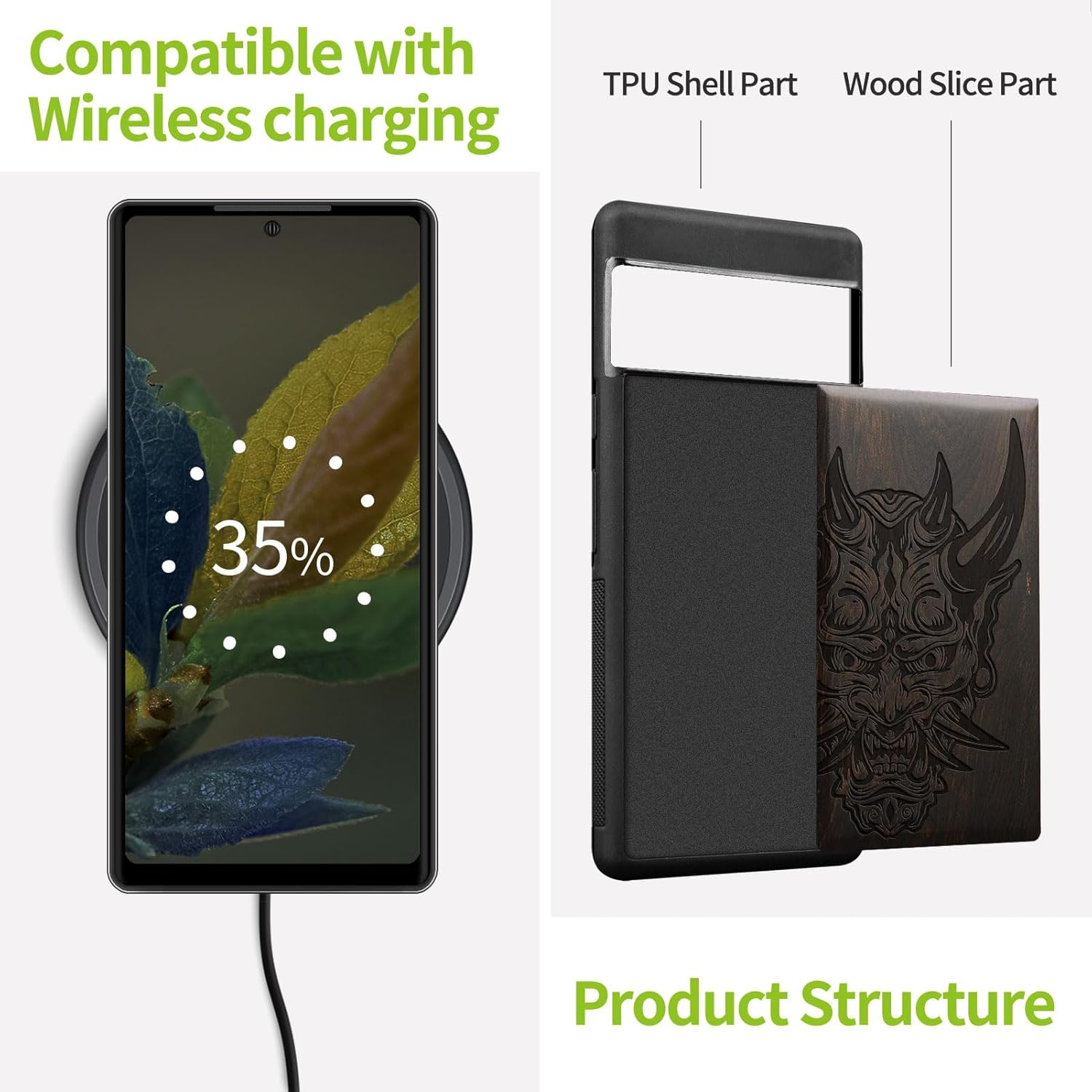 Carveit Wood Case for Pixel 7 Case [Natural Wood & Black Soft TPU] Shockproof Protective Unique Wooden Cover Compatible with Google Pixel 7 (Japanese Oni Mask-Blackwood)