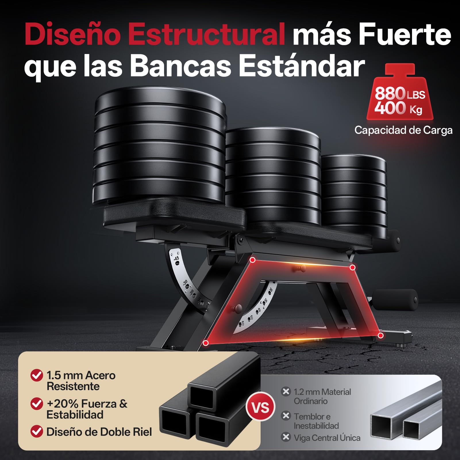JOROTO MD70 Banco de Pesas Ajustable, Banco de Musculación Multifuncional con Carga Máx 400KG/880LBS, Respaldo 8 Posiciones y Asiento 5 Posiciones Ajustable, Banco Gimnasio para Entrenamiento Integral