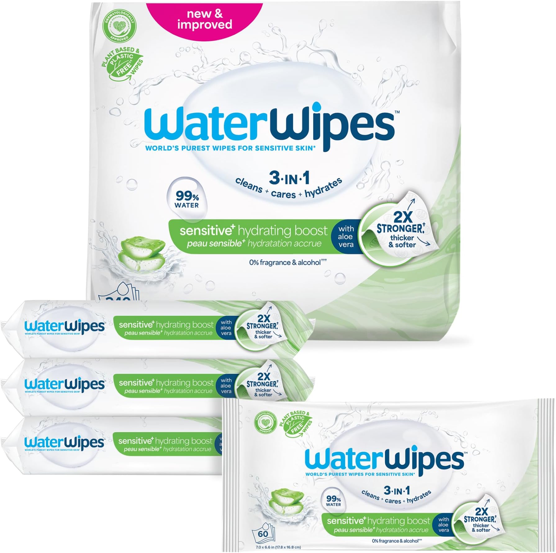 WaterWipes Sensitive+ Hydrating Boost Wipes, 3-In-1 Cleans, Cares, Hydrates, 99% Water with Aloe Vera, Unscented & Hypoallergenic Baby Wipes, 360 Count (6 Packs)