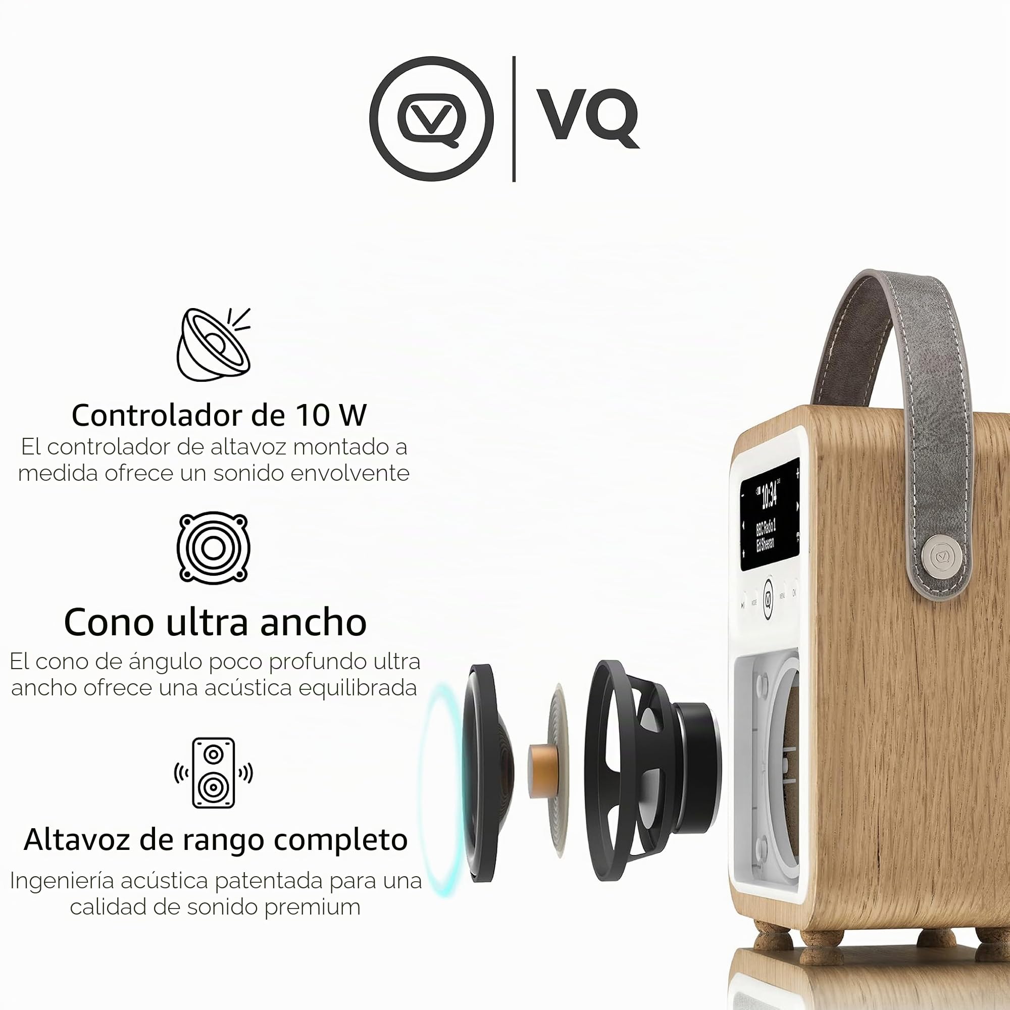 VQ Monty Radio Digital Dab+/Dab con Bluetooth, FM y Función de Radio-Despertador - Alimentada por Corriente y Batería Radio Portatil con Antena, Clavija para Auriculares y Puerto Usb - Roble