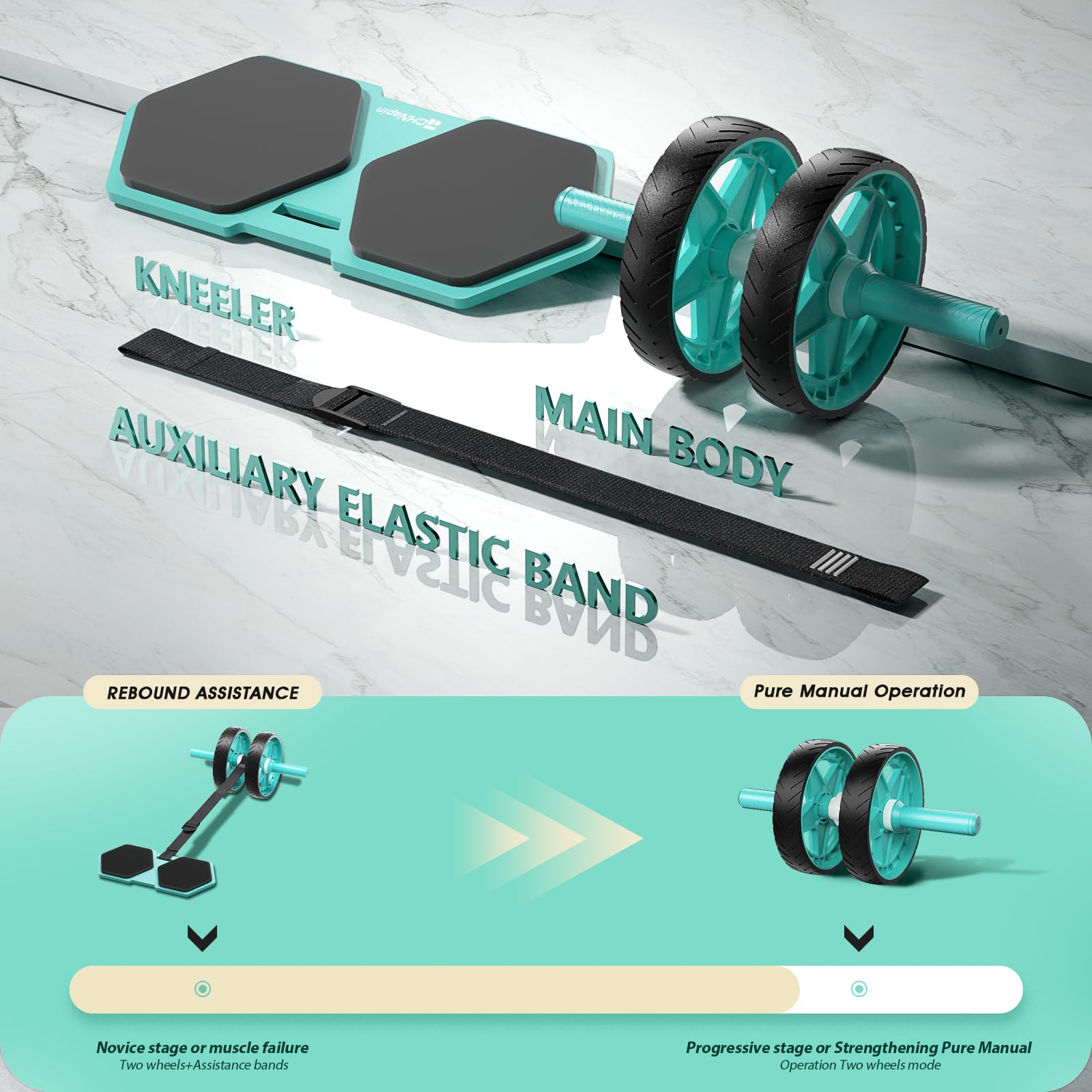 Rodillo abdominal de doble rueda 2025 para entrenamientos centrales, rueda de vientre de rebote con banda elástica ajustable, rueda abdominal silenciosa y antideslizante con diseño desmontable