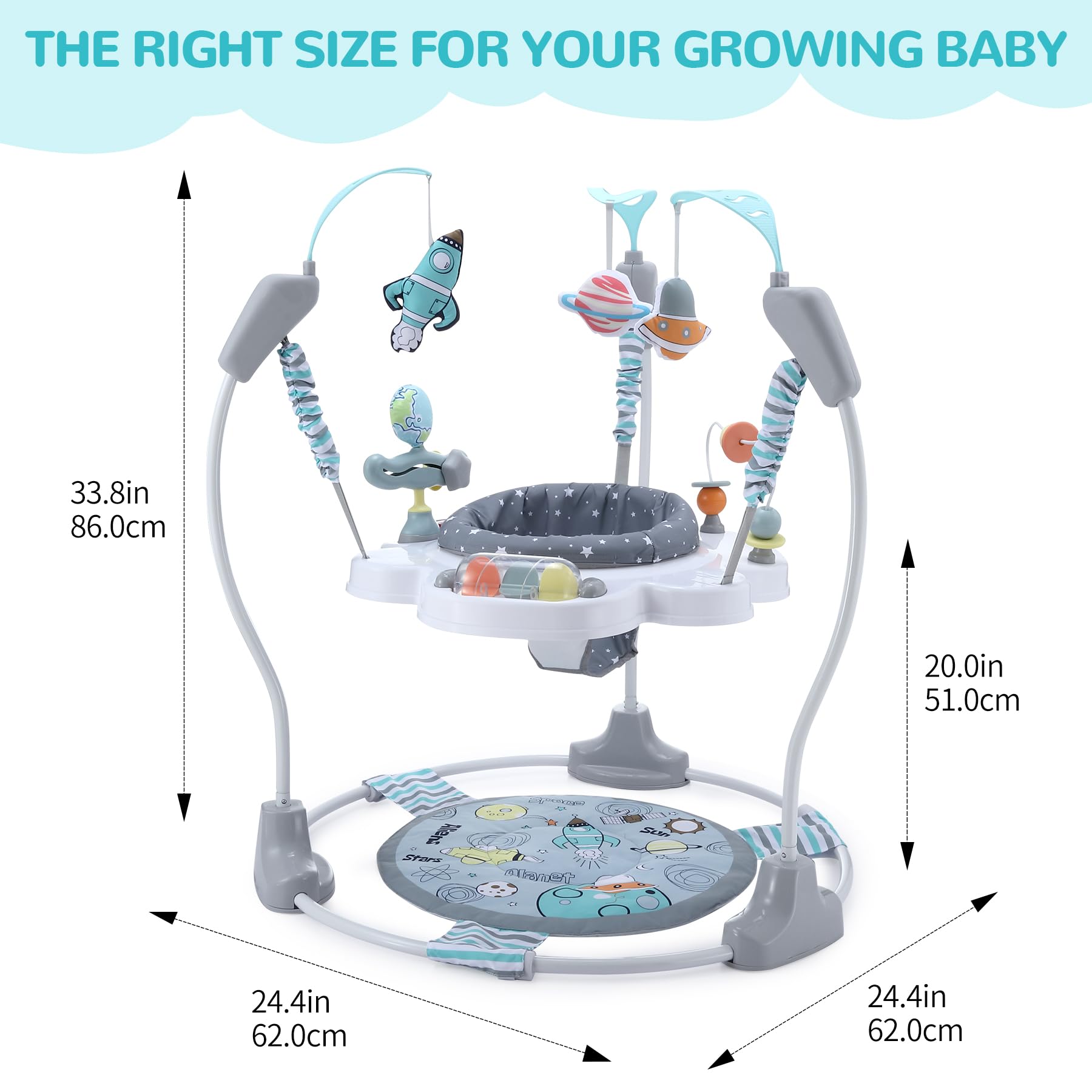 LADIDA Stationary Jumper Jumperoo Aktivitätszentrum für Babys mit interaktivem Spielzeug, 360° drehbarer Sitz, Musikspielzeug und Höhenverstellbar (Space Tour Grey)
