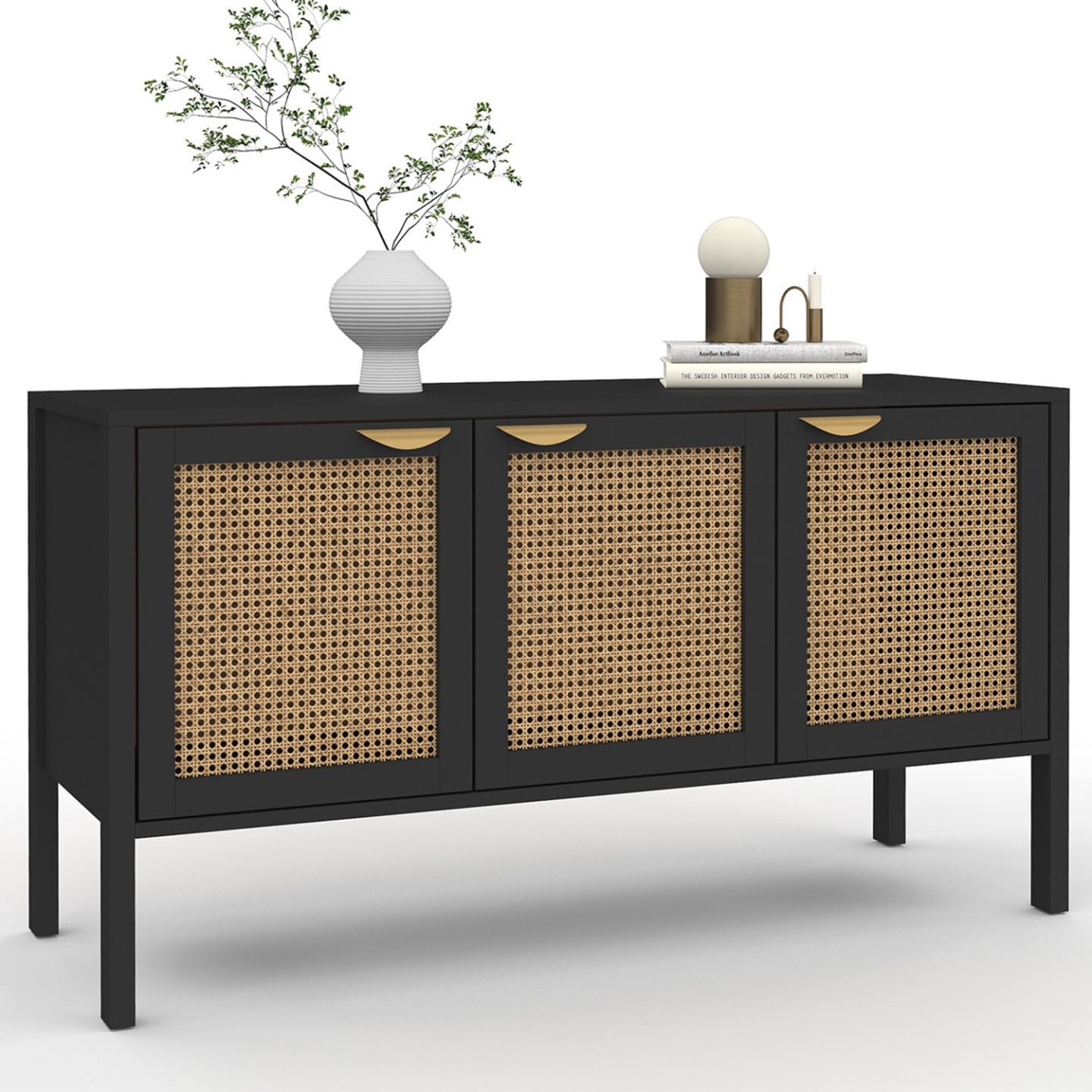 IDMarket - Buffet Bas 110 cm EDHEN 3 Portes Bois Noir et cannage