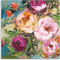 Vibrant Abstract Floral Canvas Wall Art 12x12 Framed - Colorful Flower Prints with Expressive Brushstrokes for Living Room Bedroom Decor