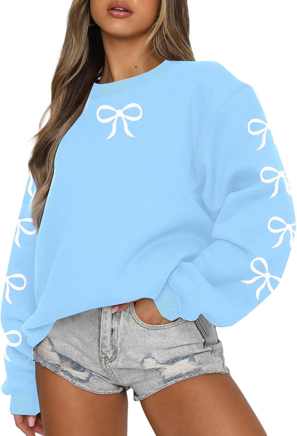 ASTANFY Oversized Bow Sweatshirt Cute Clean Girl Embroidered Sweatshirts Coquette Preppy Sweater Y2k Long Sleeve Pullover Top