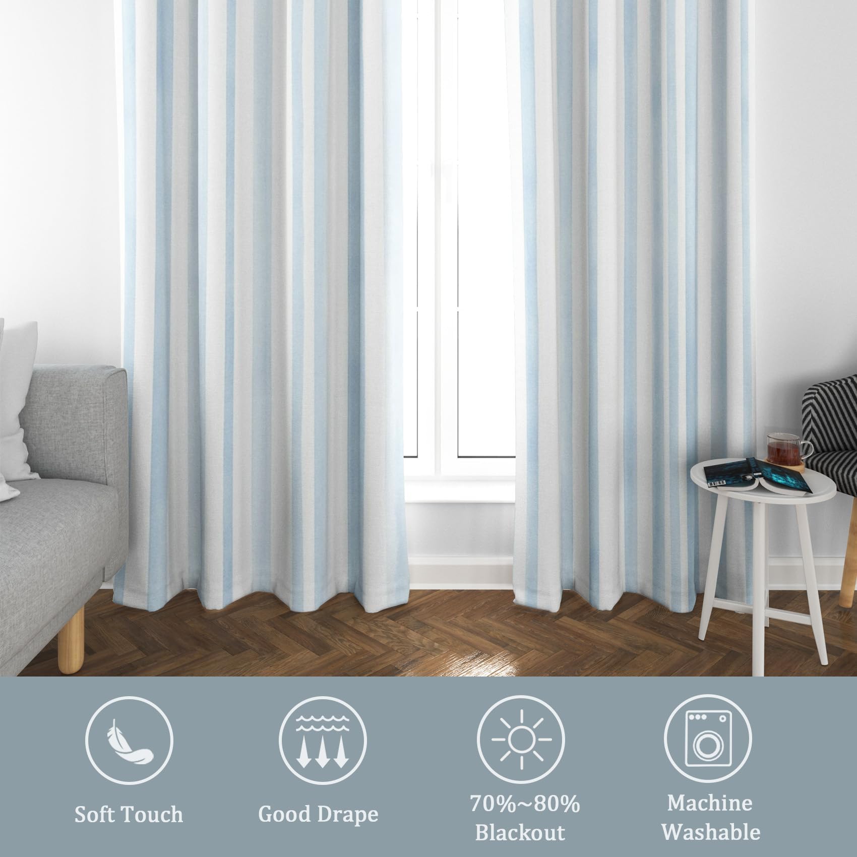 Hellblau-weiß gestreifte Verdunkelungsvorhänge für Schlaf- und Wohnzimmer 140 x 250 cm (B x H) Minimalistisches modernes geometrisches Design, wärmeisolierend, mit Ösen, 2er Set