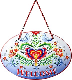 "Welcome" Ceramic 8.75x6 inches Front Door Sign or Wall Decor with Traditional Raised Relief Flowers & Birds Artwork, European Home Decoration | by Oktoberfest Haus